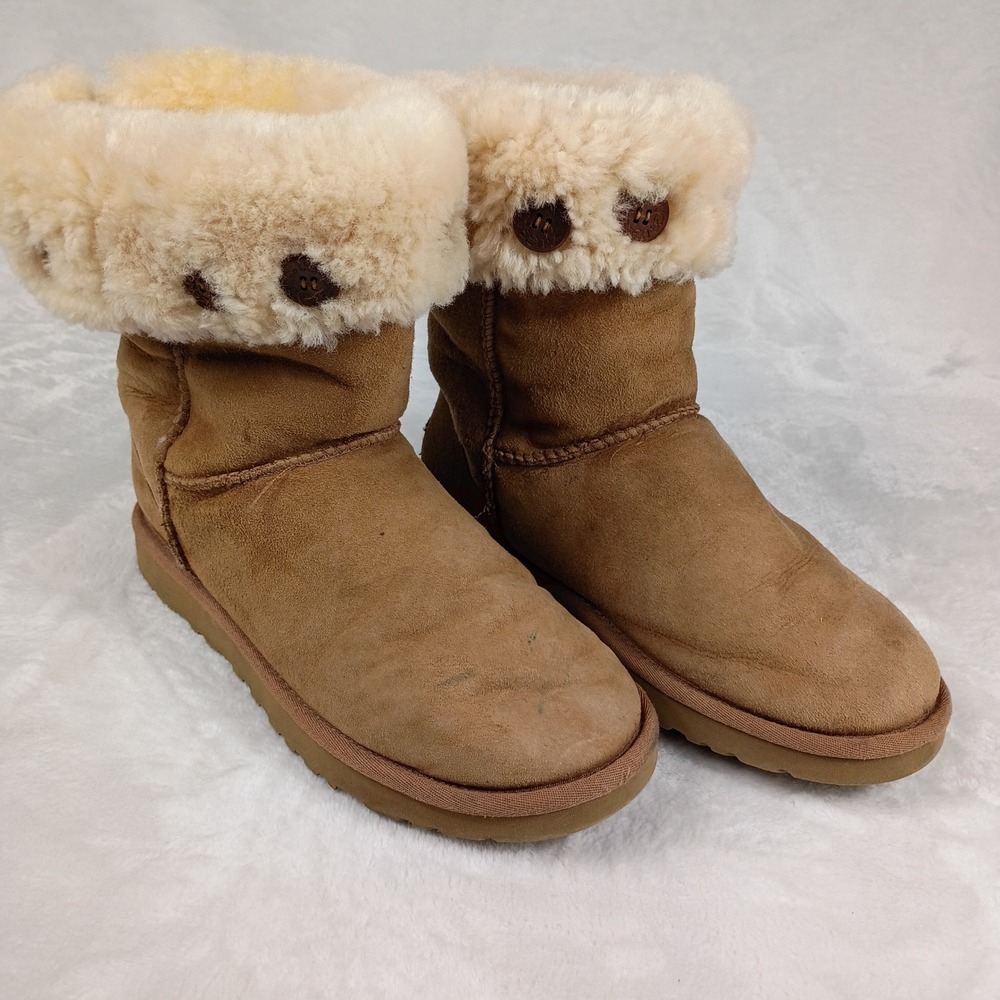 UGG Boots Womens 7 Chestnut Shearling Cuff Button Suede Mid Calf